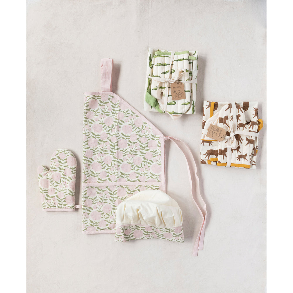 Floral Baking Set for Children: Apron, Chef's Hat and Oven Mit