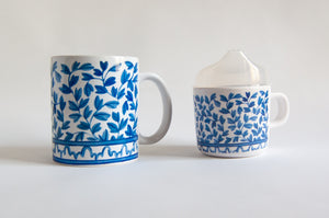 This watercolor design is our interpretation of the classic Chinese blue and white ceramics that Southerners love. The sippy cup has a removable clear top that can be set aside when it is time to transition to a toddler mug.