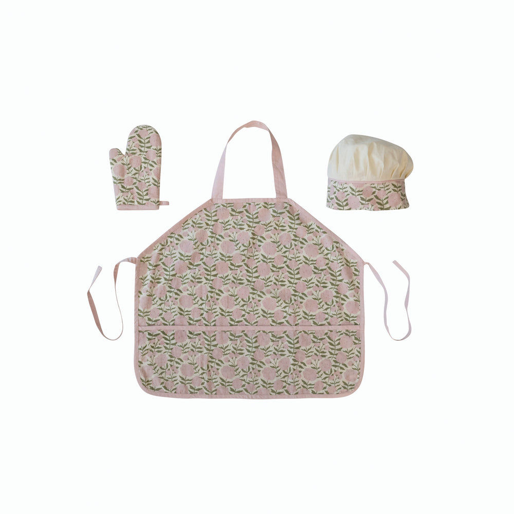 
                
                    Load image into Gallery viewer, Floral Baking Set for Children: Apron, Chef&amp;#39;s Hat and Oven Mit
                
            
